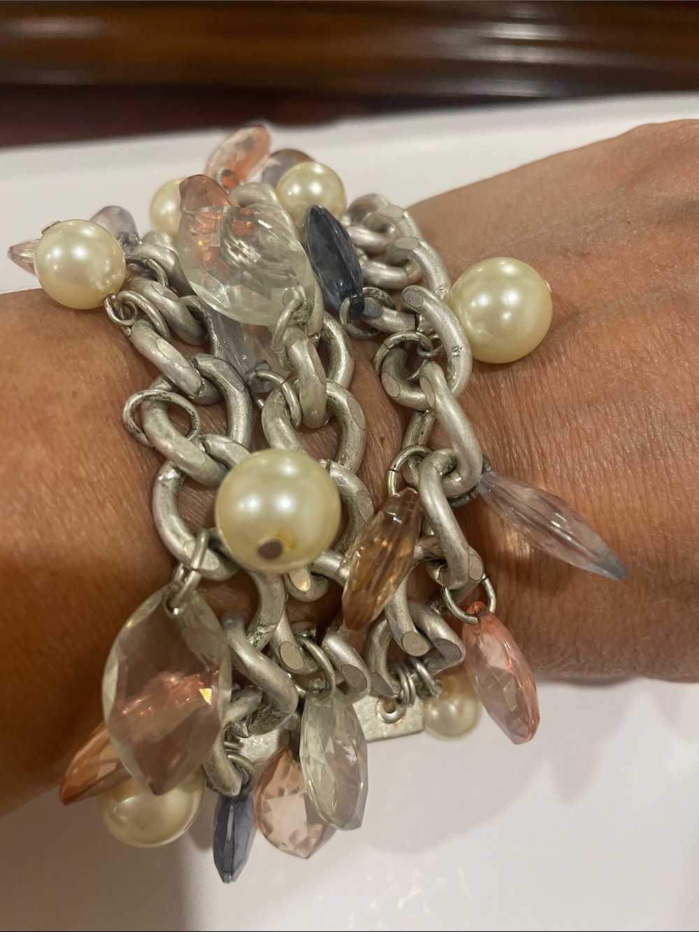 Silver Chain Charm Bracelet with Pearls and Blush Crystals